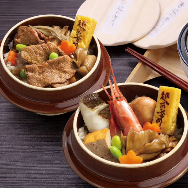 和食処 かばた<br>越前釜めし2種セット<br>ふくい五目・若狭牛と九頭竜舞茸